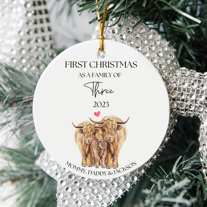 Personalized First Christmas As a Family Ornament, First Christmas As a Family of 3, Custom Highland Cow Ornament, Family of Three Ornament