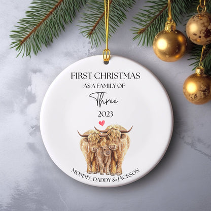 Personalized First Christmas As a Family Ornament, First Christmas As a Family of 3, Custom Highland Cow Ornament, Family of Three Ornament