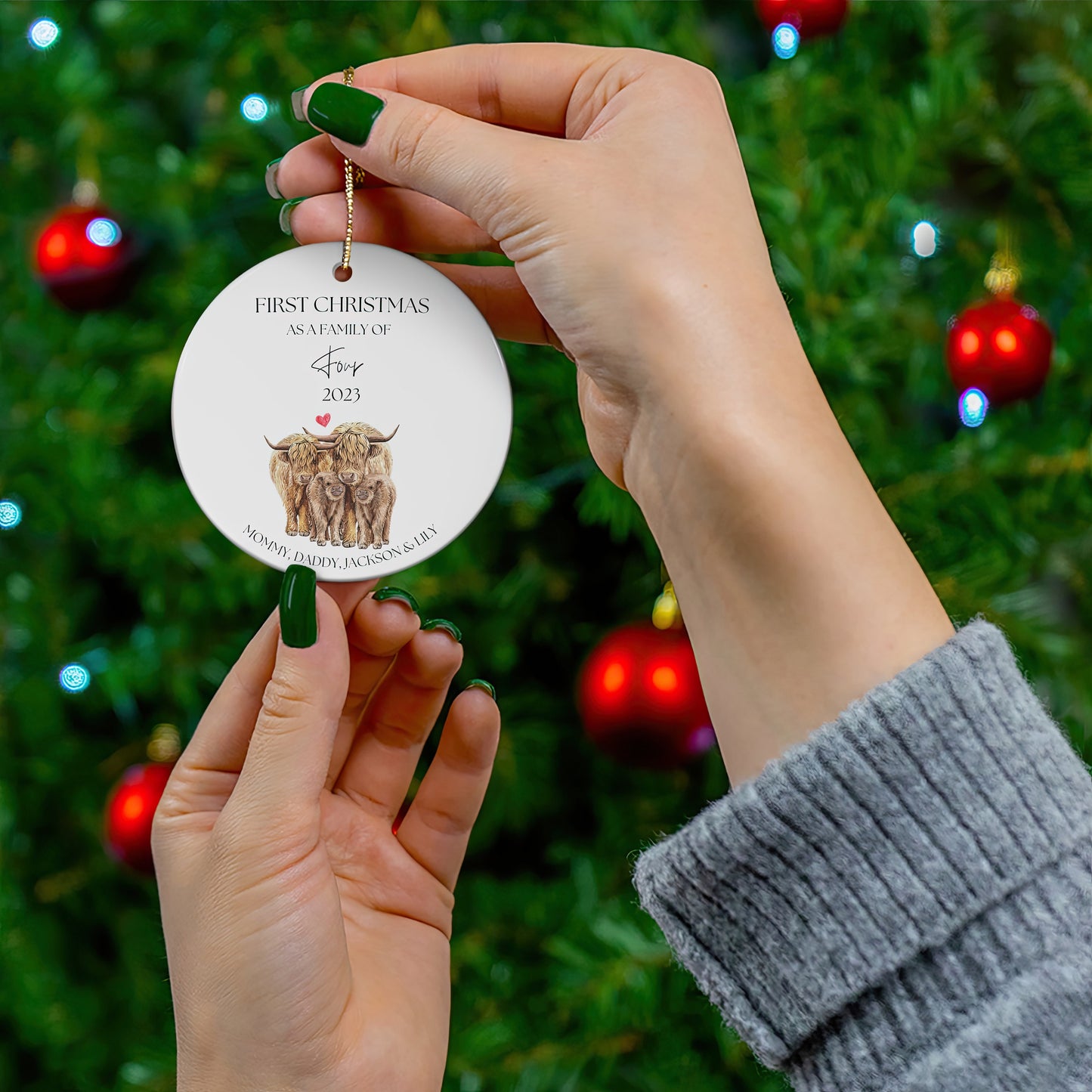 Personalized First Christmas As a Family Ornament, First Christmas As a Family of 4, Custom Highland Cow Ornament, Family of Four Ornament