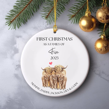 Personalized First Christmas As a Family Ornament, First Christmas As a Family of 5, Custom Highland Cow Ornament, Family of Five Ornament