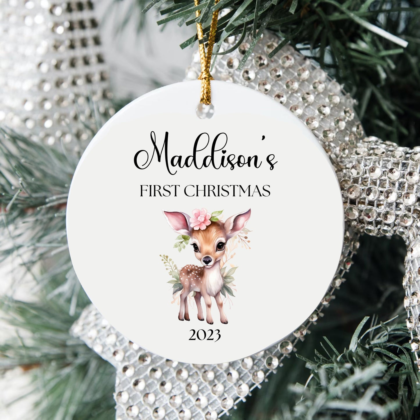 Personalized Baby's 1st Christmas Ornament, Custom Crib Ornament, Baby's First Christmas Ornament 2023, New Baby Gift, Girl Deer Ornament