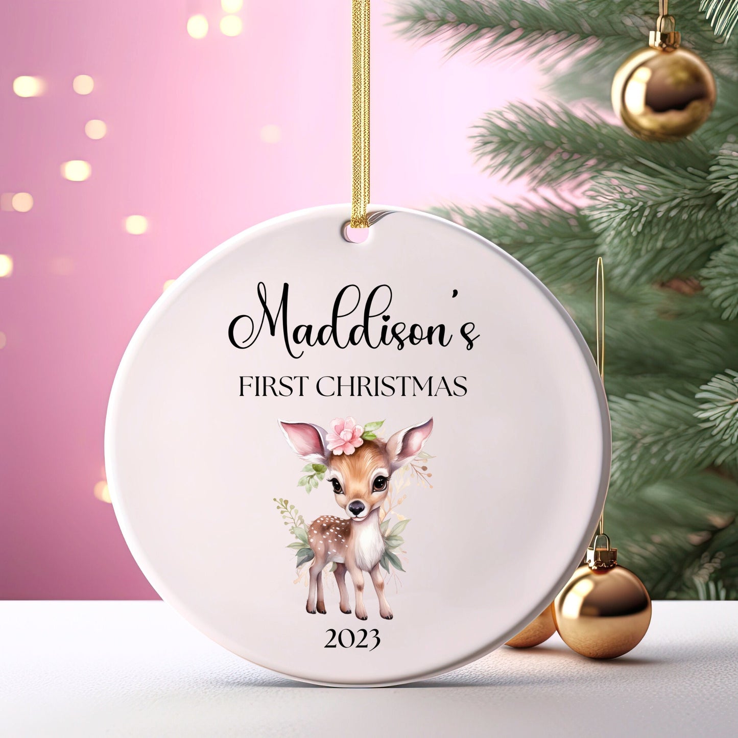 Personalized Baby's 1st Christmas Ornament, Custom Crib Ornament, Baby's First Christmas Ornament 2023, New Baby Gift, Girl Deer Ornament