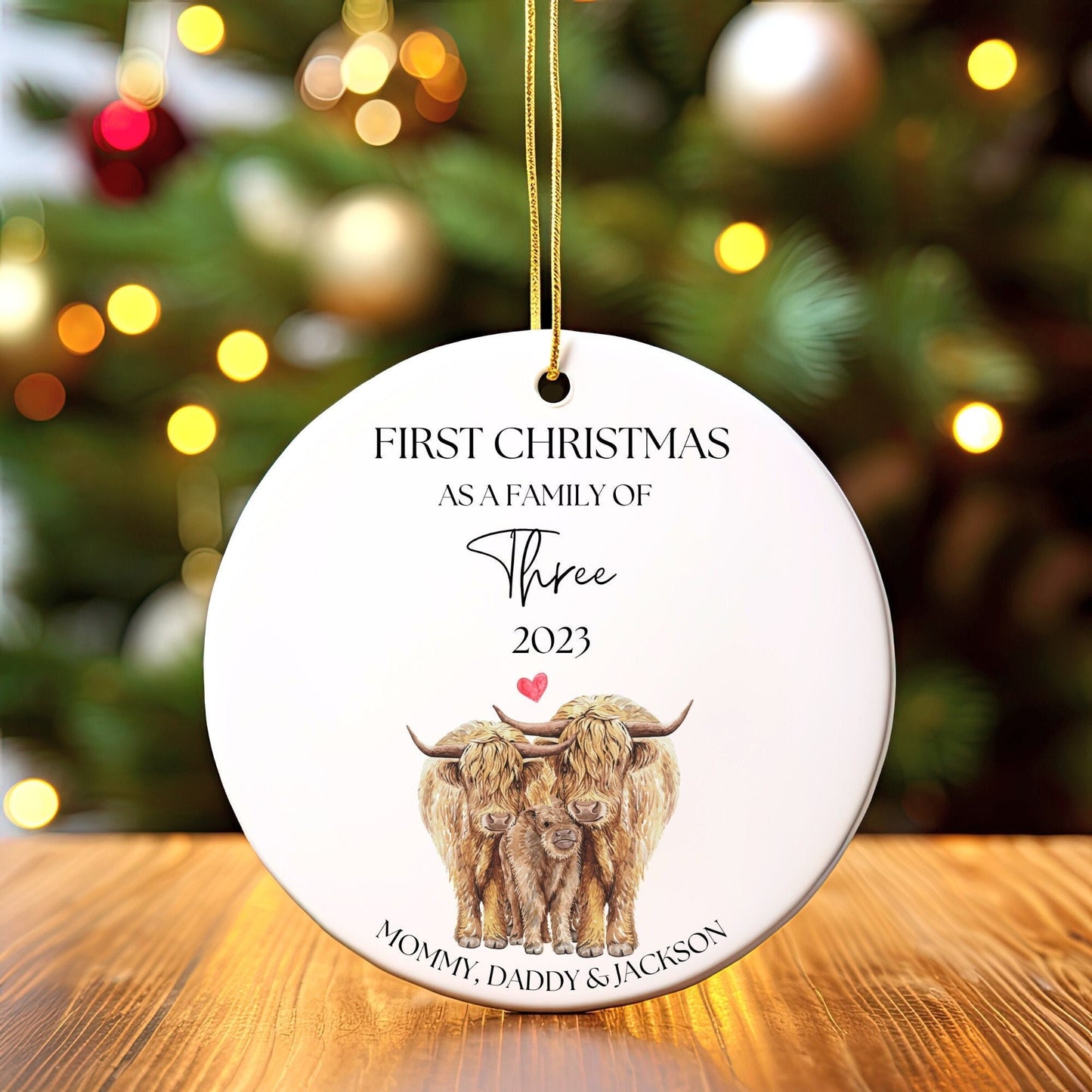 Personalized First Christmas As a Family Ornament, First Christmas As a Family of 3, Custom Highland Cow Ornament, Family of Three Ornament