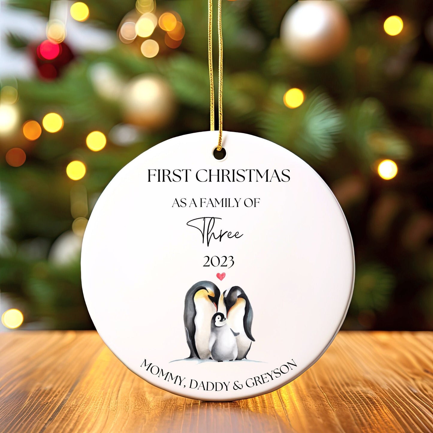 Personalized First Christmas As a Family Ornament, First Christmas As a Family of 3, Custom Penguin Ornament, Family of Three Ornament