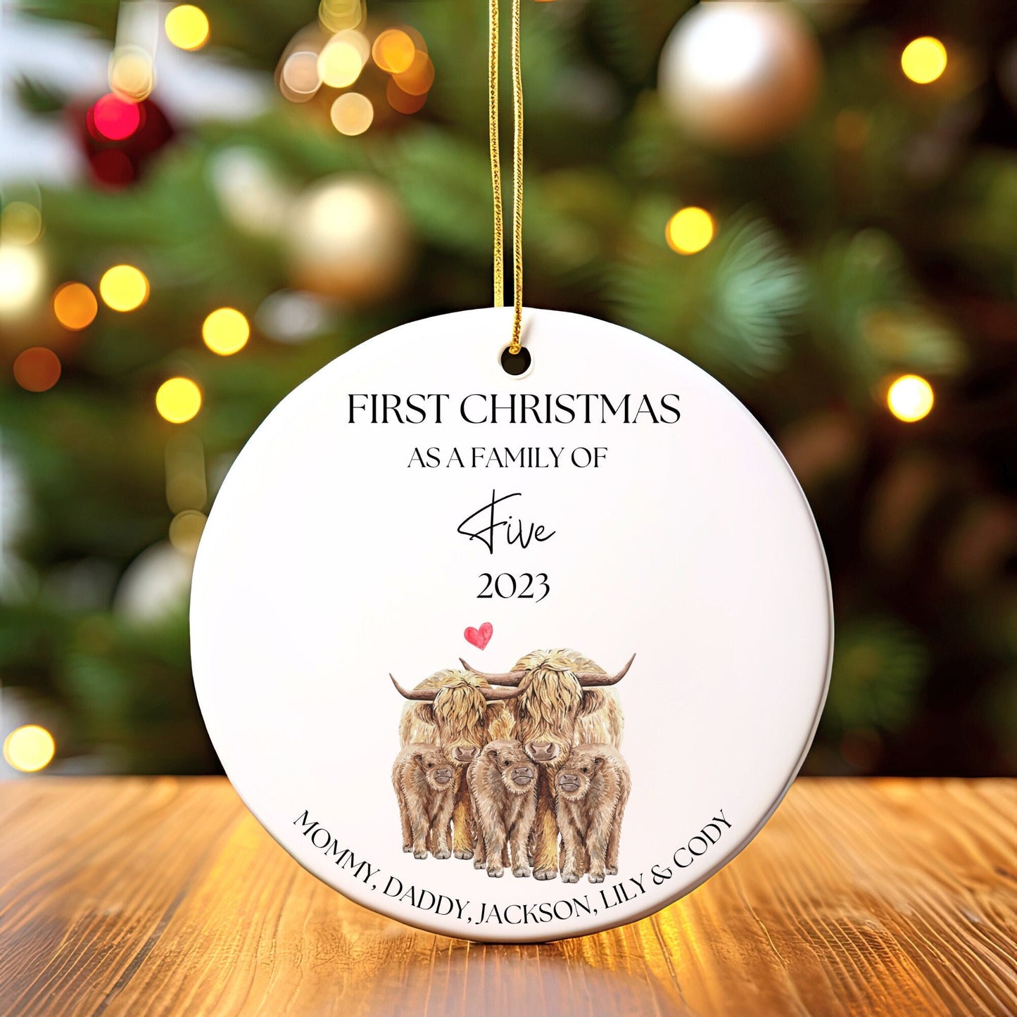 Personalized First Christmas As a Family Ornament, First Christmas As a Family of 5, Custom Highland Cow Ornament, Family of Five Ornament