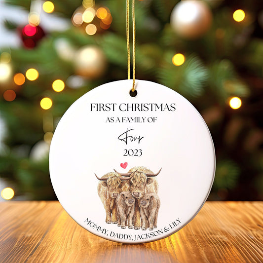 Personalized First Christmas As a Family Ornament, First Christmas As a Family of 4, Custom Highland Cow Ornament, Family of Four Ornament