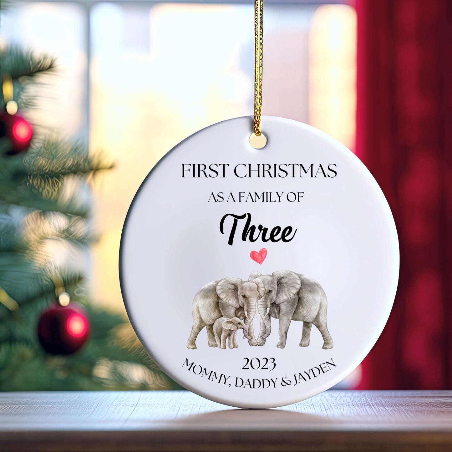 Personalized First Christmas As a Family Ornament, First Christmas As a Family of 3, Custom Elephant Ornament, Family of Three Ornament