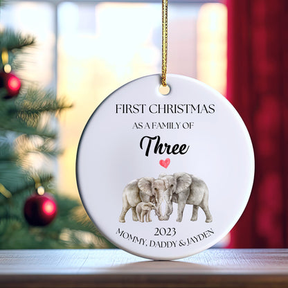 Personalized First Christmas As a Family Ornament, First Christmas As a Family of 3, Custom Elephant Ornament, Family of Three Ornament