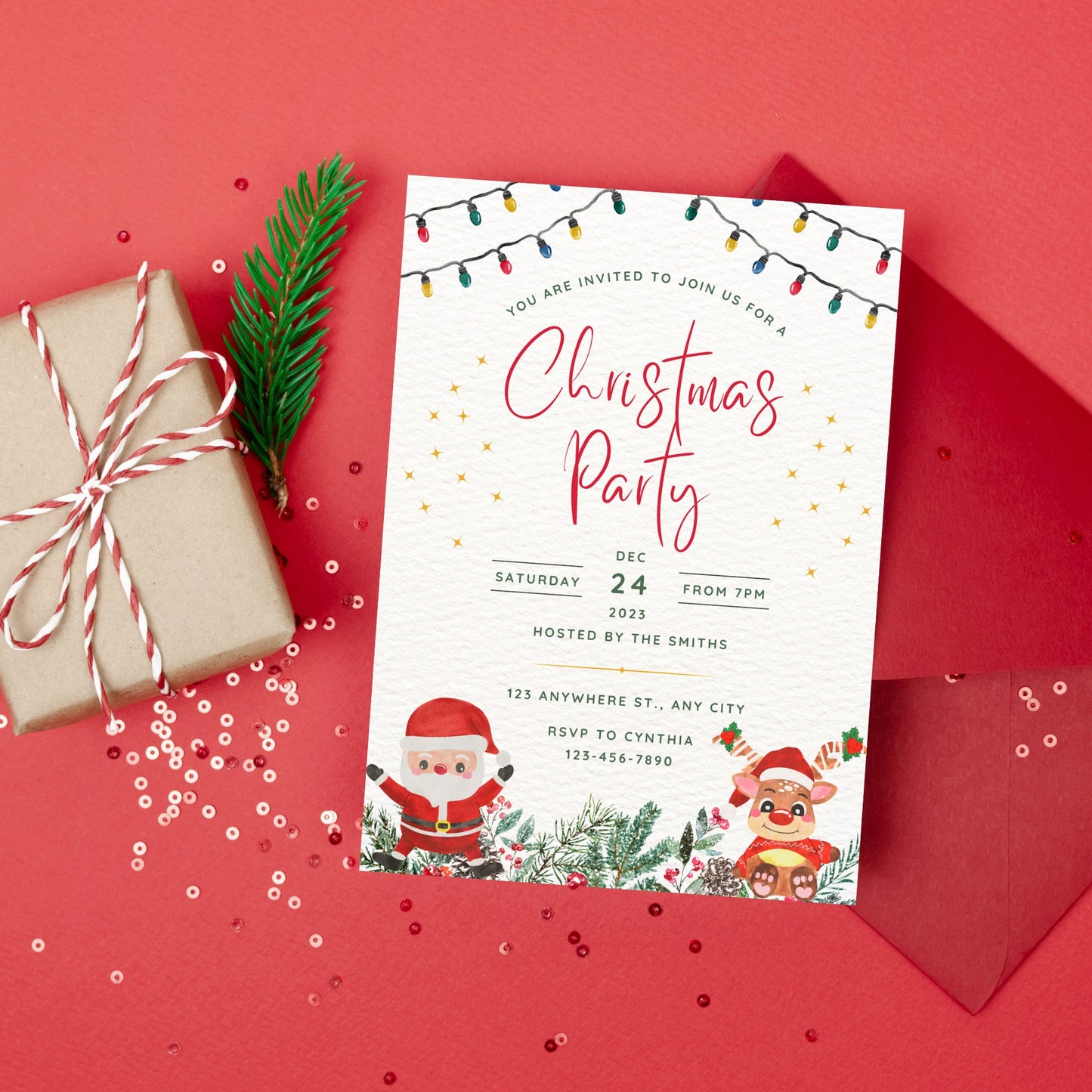 Editable Christmas Party Invitation, Christmas Eve Party Invitation Template, Santa Claus Printable Invite, Holiday Party Invitation,