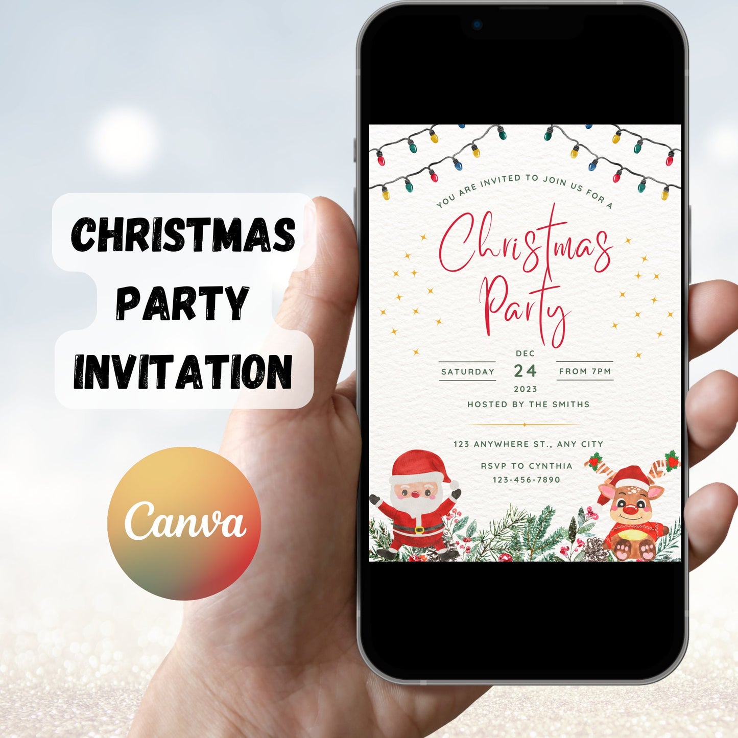 Editable Christmas Party Invitation, Christmas Eve Party Invitation Template, Santa Claus Printable Invite, Holiday Party Invitation,