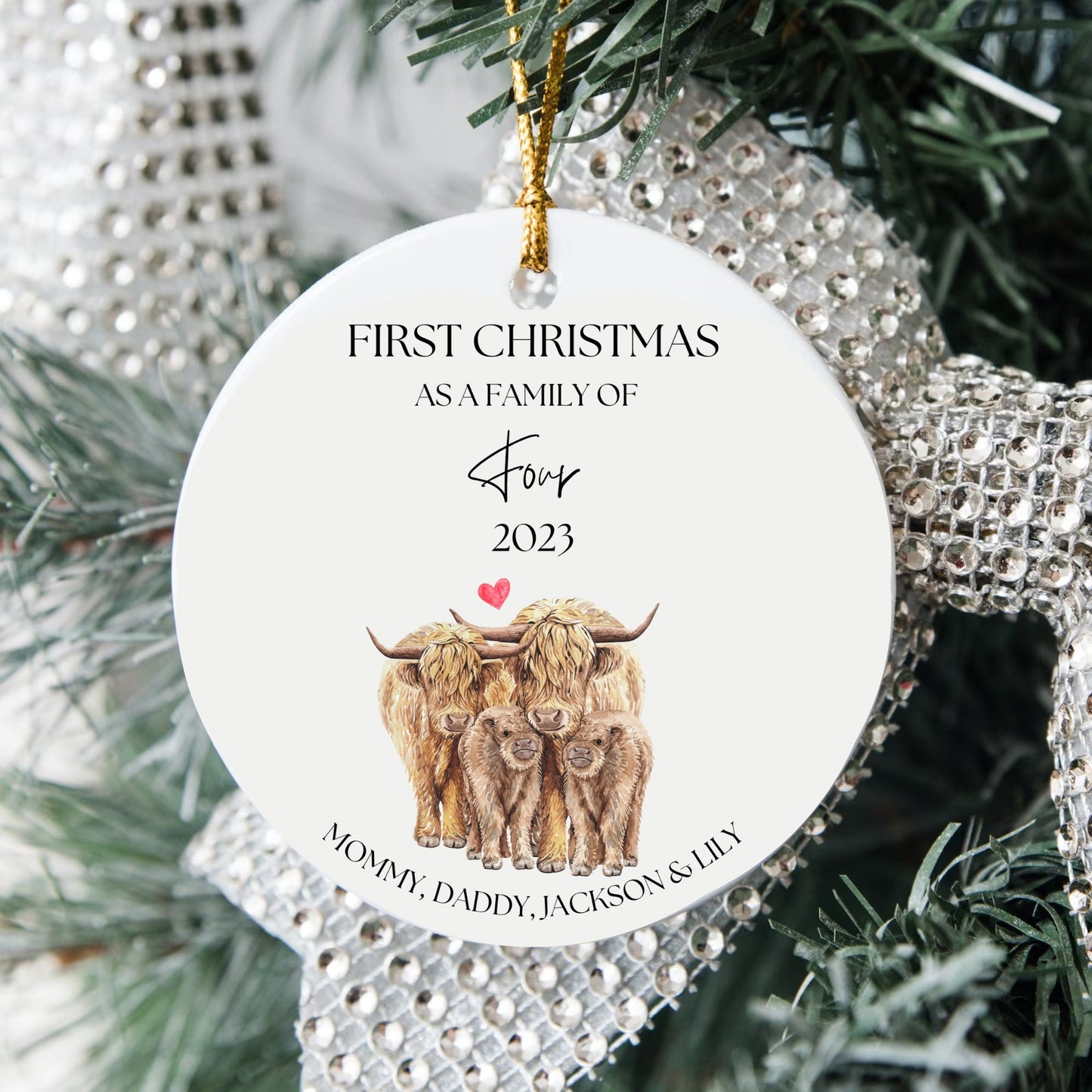 Personalized First Christmas As a Family Ornament, First Christmas As a Family of 4, Custom Highland Cow Ornament, Family of Four Ornament