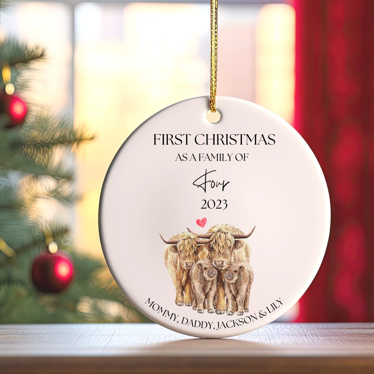 Personalized First Christmas As a Family Ornament, First Christmas As a Family of 4, Custom Highland Cow Ornament, Family of Four Ornament