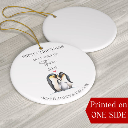 Personalized First Christmas As a Family Ornament, First Christmas As a Family of 3, Custom Penguin Ornament, Family of Three Ornament