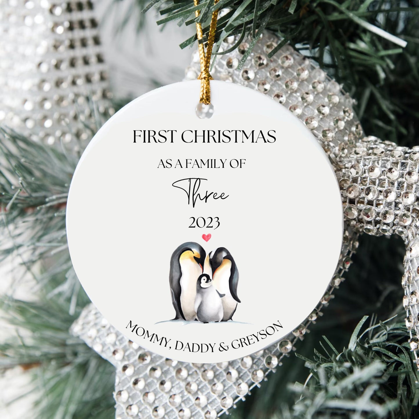 Personalized First Christmas As a Family Ornament, First Christmas As a Family of 3, Custom Penguin Ornament, Family of Three Ornament