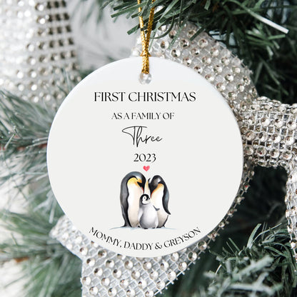 Personalized First Christmas As a Family Ornament, First Christmas As a Family of 3, Custom Penguin Ornament, Family of Three Ornament