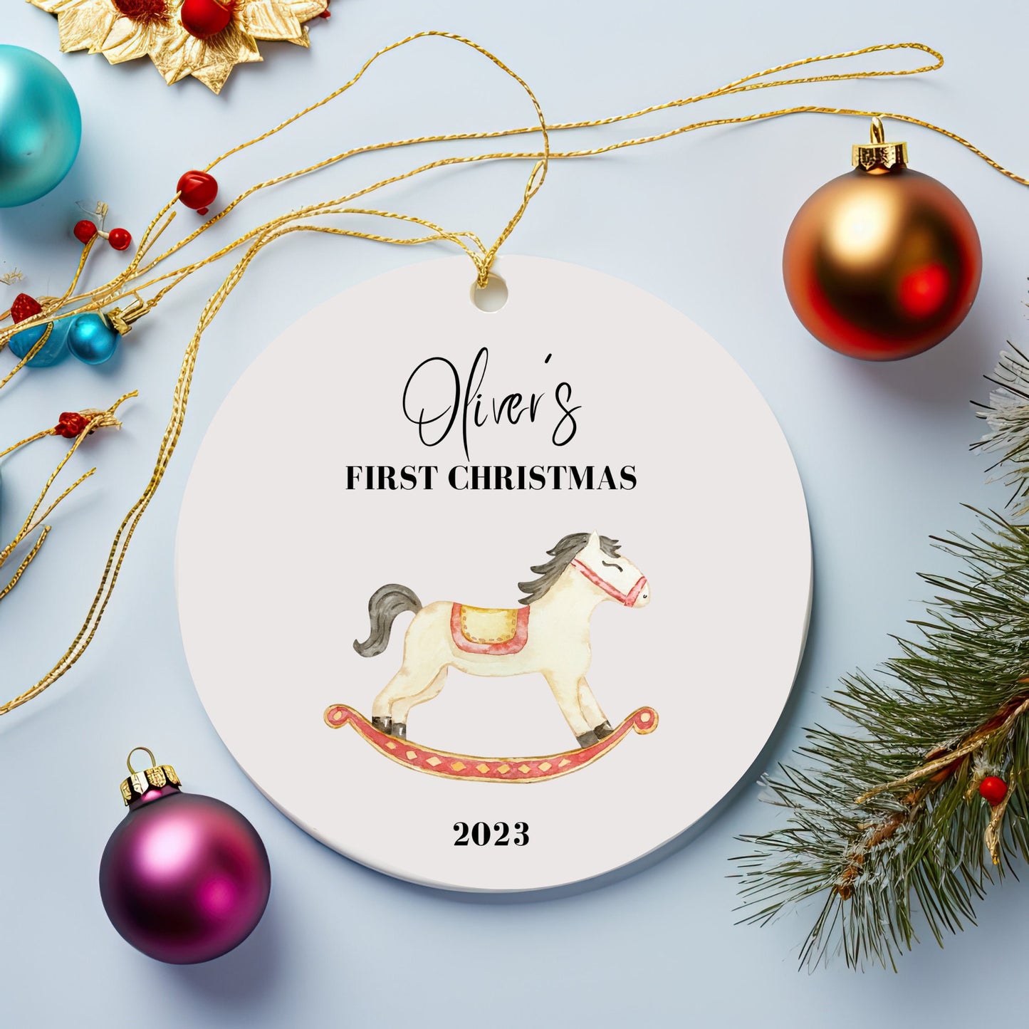 Personalized Baby's 1st Christmas Ornament, Baby's First Christmas Ornament 2023, New Baby Christmas Gift, Custom Horse Ornament Milestone