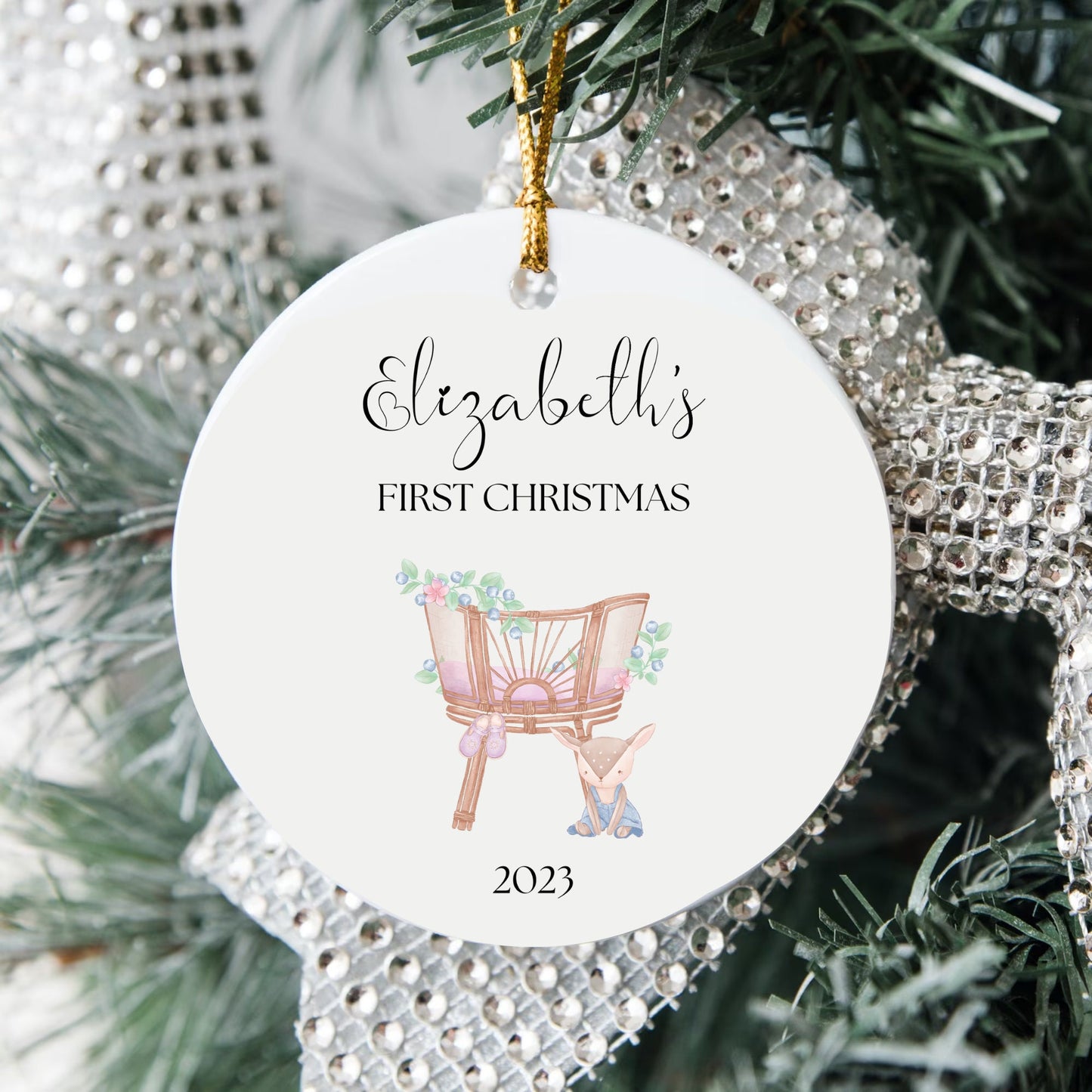 Personalized Baby's 1st Christmas Ornament, Custom Crib Ornament, Baby's First Christmas Ornament 2023, New Baby Gift, Boho Deer Ornament