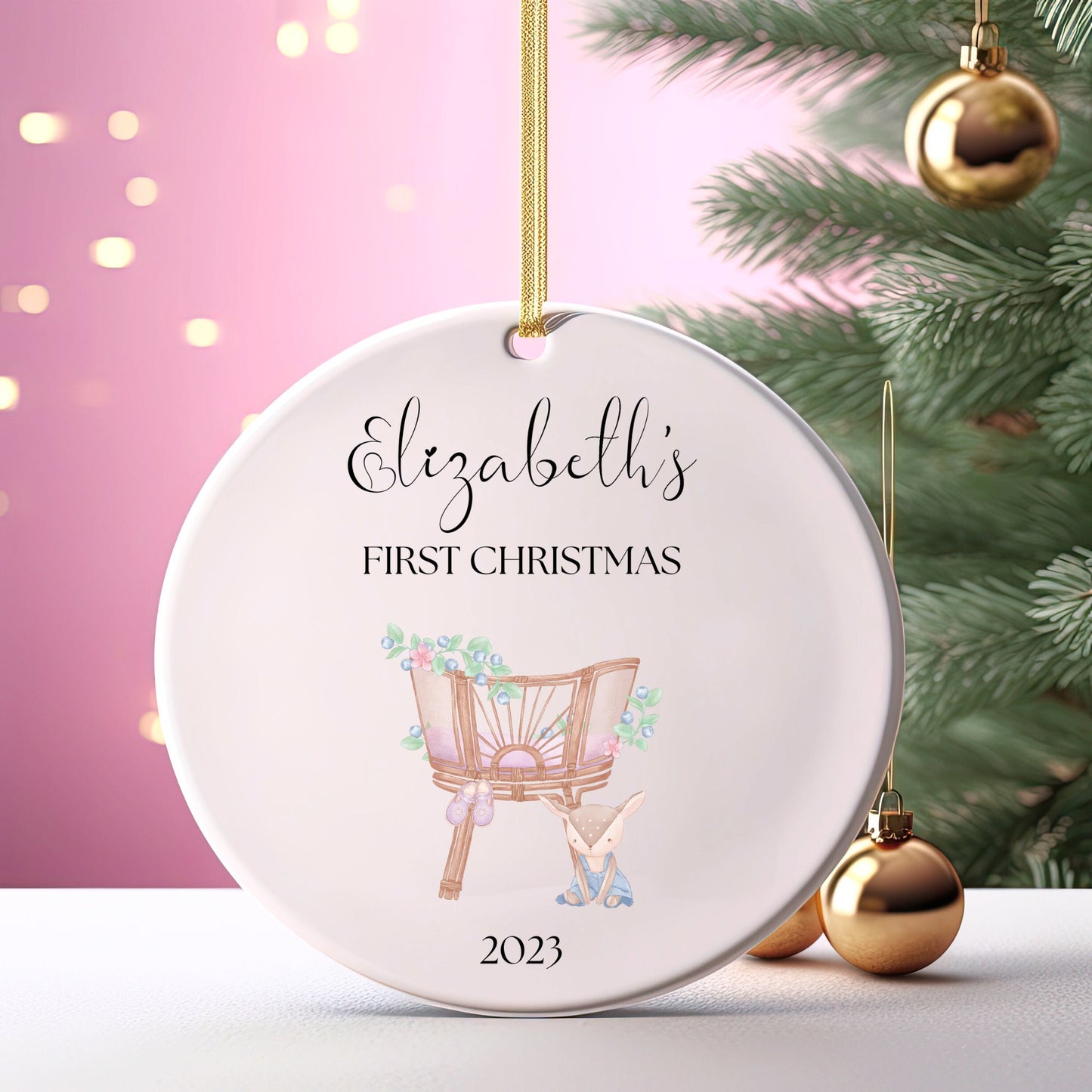 Personalized Baby's 1st Christmas Ornament, Custom Crib Ornament, Baby's First Christmas Ornament 2023, New Baby Gift, Boho Deer Ornament