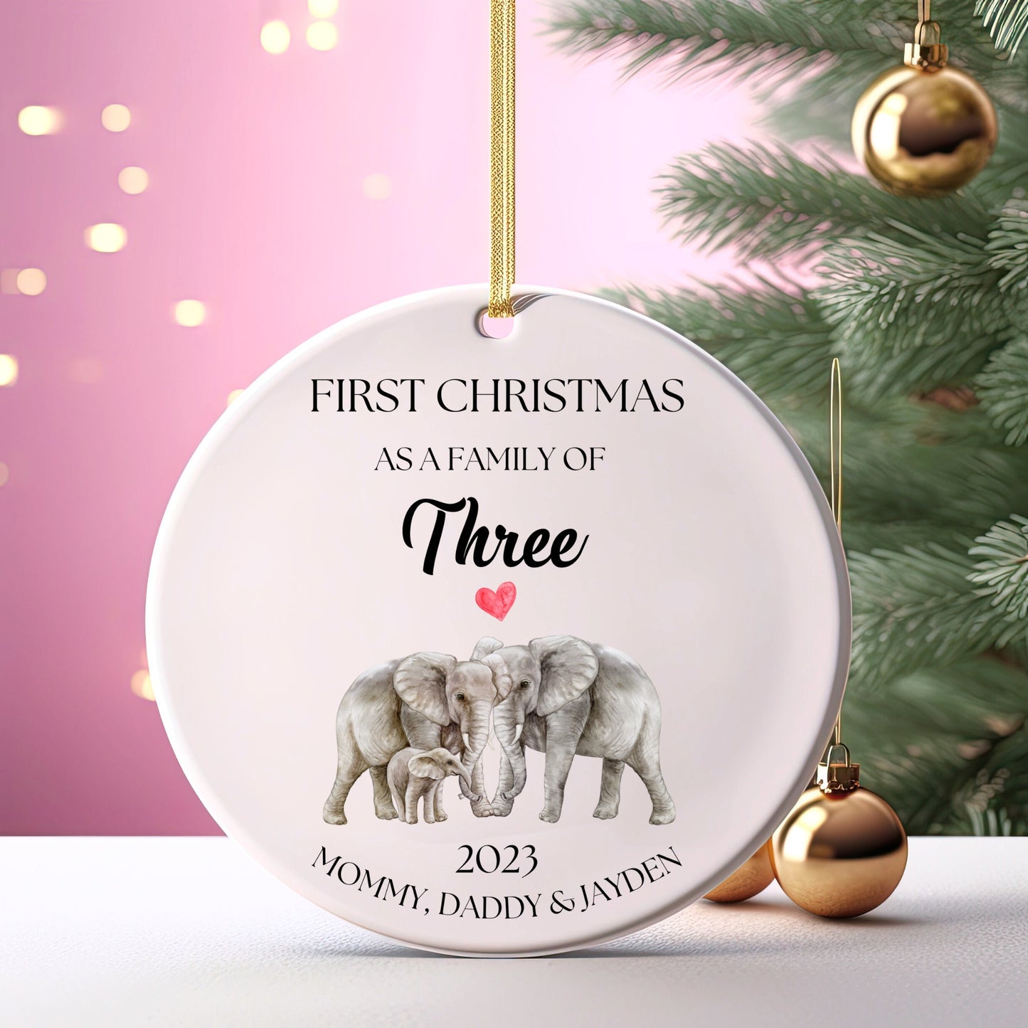 Personalized First Christmas As a Family Ornament, First Christmas As a Family of 3, Custom Elephant Ornament, Family of Three Ornament