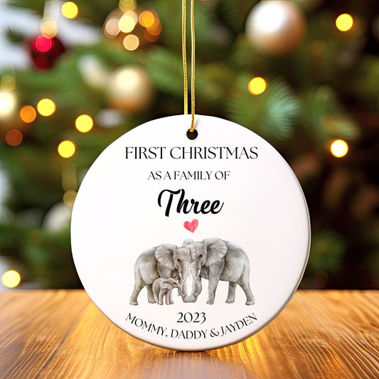 Personalized First Christmas As a Family Ornament, First Christmas As a Family of 3, Custom Elephant Ornament, Family of Three Ornament