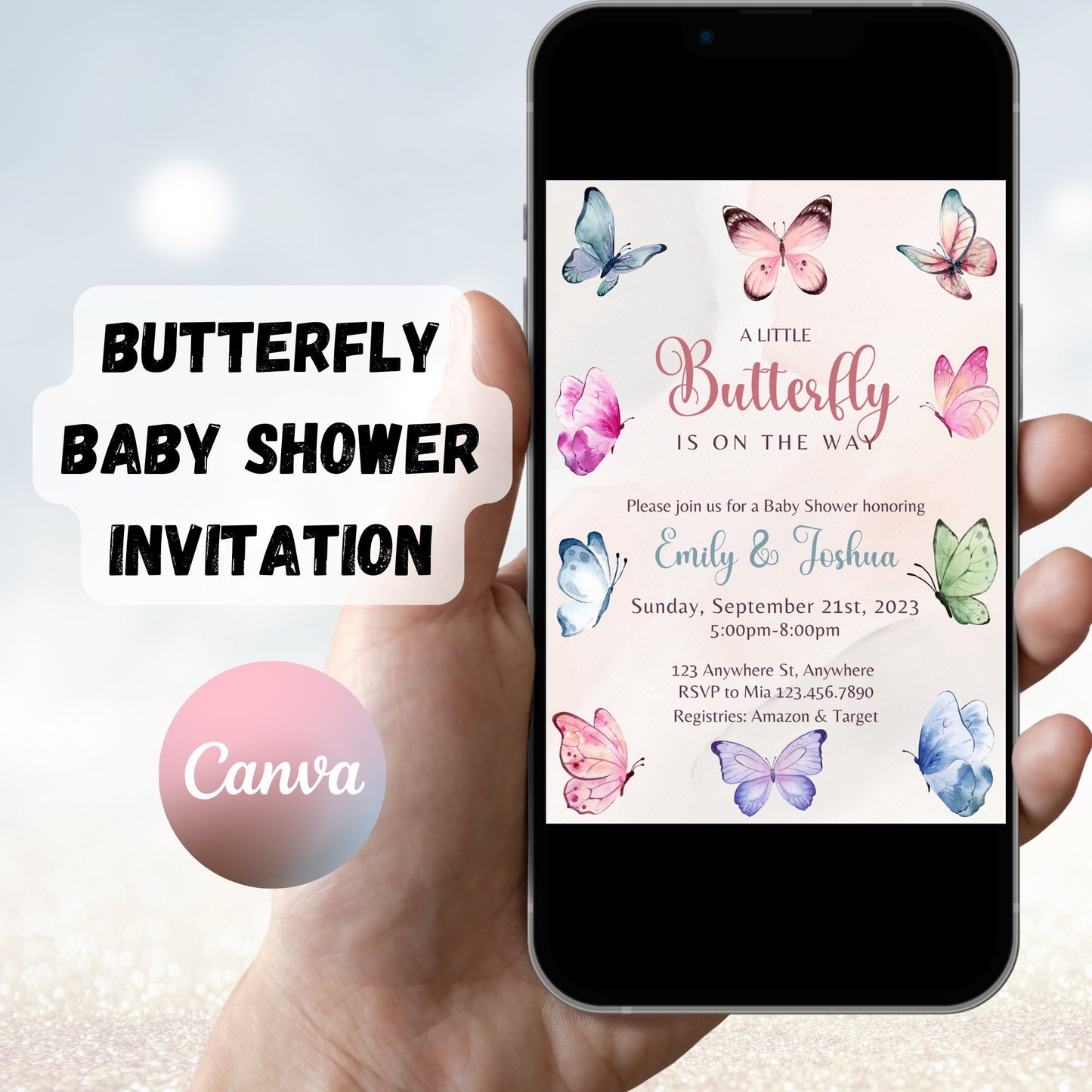 Editable Butterfly Baby Shower Invitation, Butterfly Invitation, Boho Butterfly Invitation, Butterfly Baby Shower Invite, Instant Download