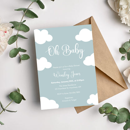 Cloud Baby Shower Invitation, Oh Baby Shower Invite, Minimalist Baby Shower, Boho Cloud Invitation, Sky Baby Shower, Instant Download