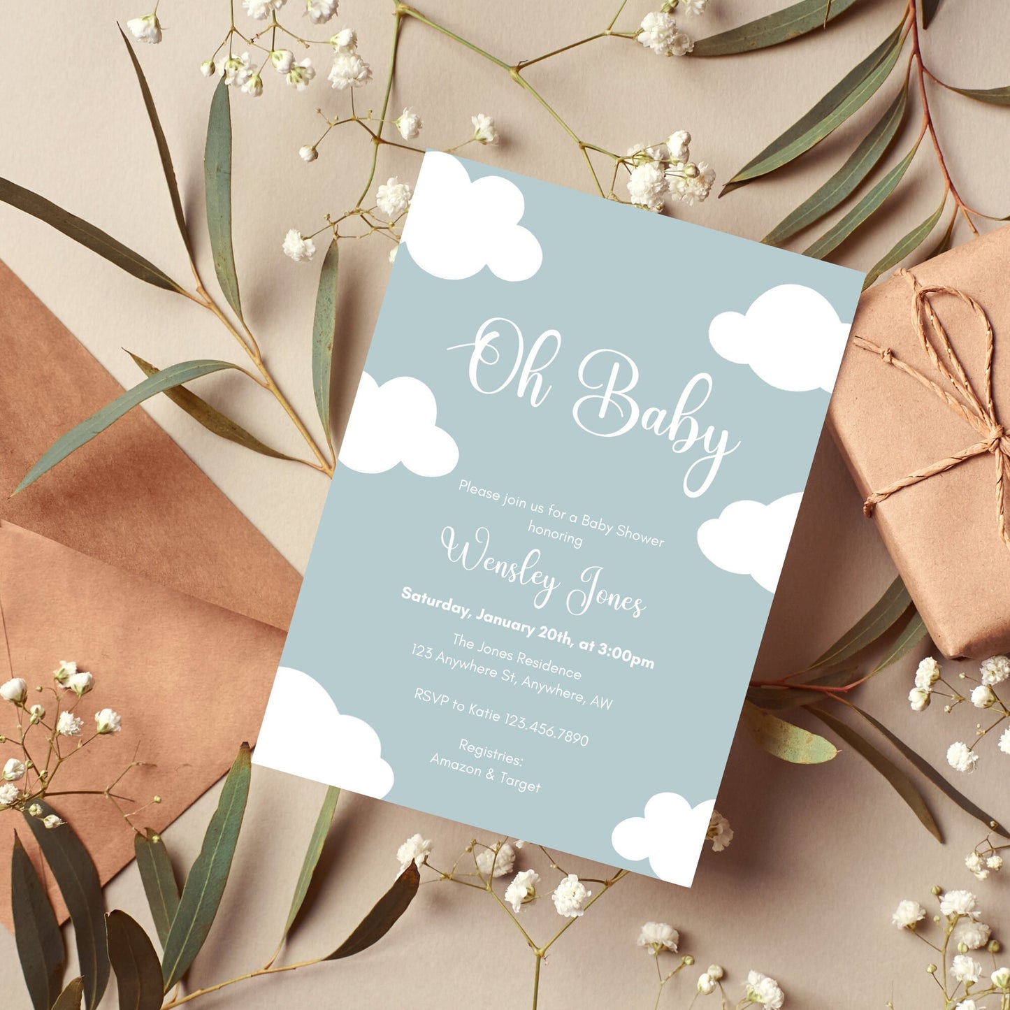 Cloud Baby Shower Invitation, Oh Baby Shower Invite, Minimalist Baby Shower, Boho Cloud Invitation, Sky Baby Shower, Instant Download