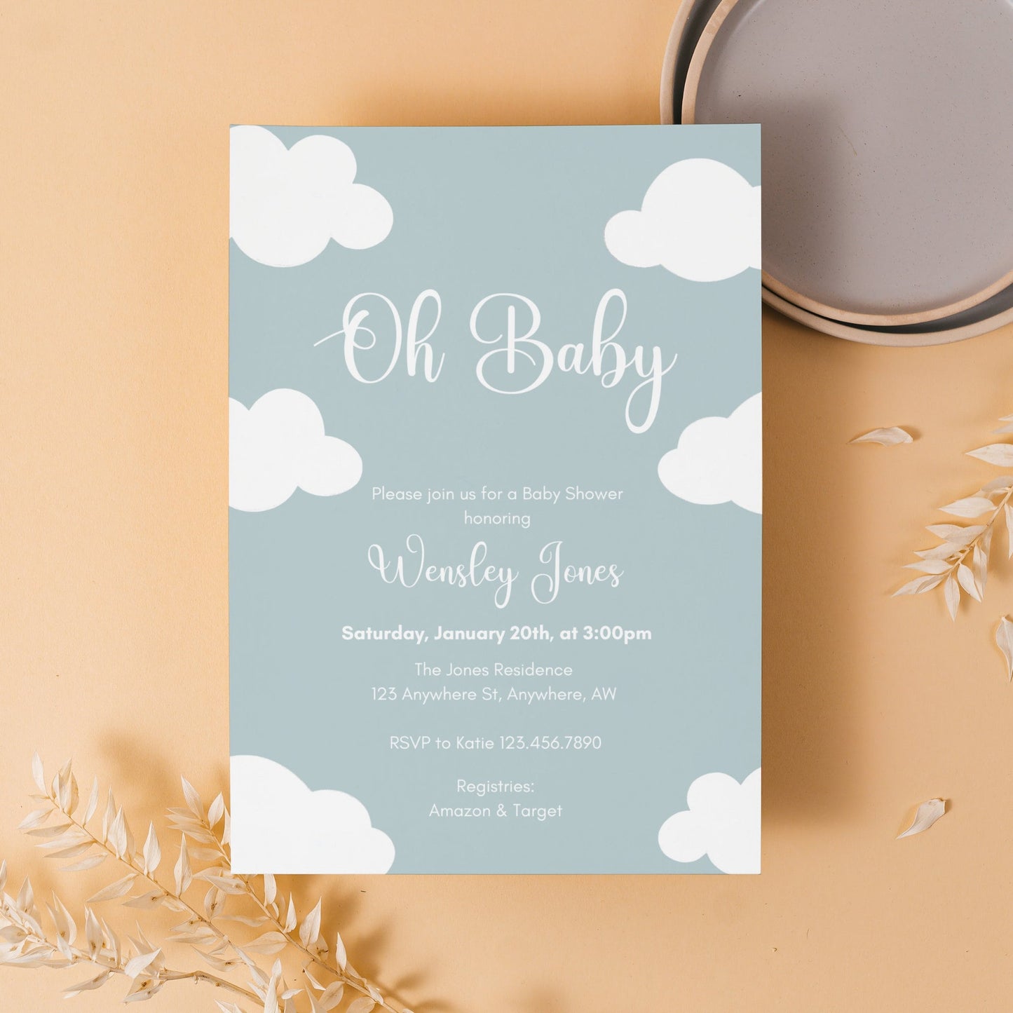 Cloud Baby Shower Invitation, Oh Baby Shower Invite, Minimalist Baby Shower, Boho Cloud Invitation, Sky Baby Shower, Instant Download