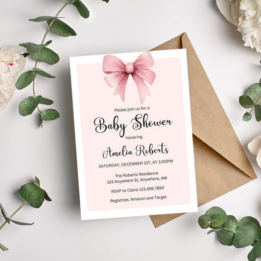 Pink Bow Baby Shower Invitation, Pink Girl Baby Shower Invitation, Pink Bow Invitation, Cute Bow Baby Shower, Editable Instant Download